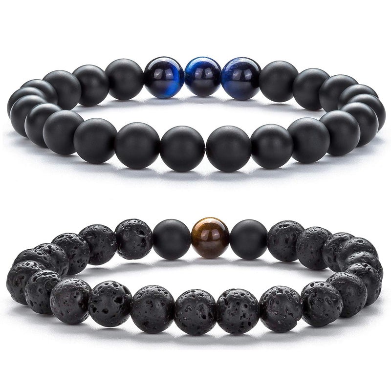 Hamoery Men Women 8mm Volcanic Stone Beads Essential Oil Couple Bracelet Elastic Natural Stone Yoga Bracelet Bangle(Set 3) - Image 1